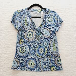 T-Shirt Top Women Blue Paisley Ruch Resort Cottagecore Feminine Cruise Size M
